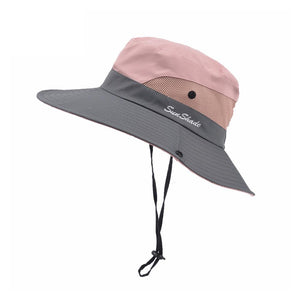 Womens UV Protection Wide Brim Sun Hats Cooling Mesh Ponytail Hole Cap - Yahko Merchandise