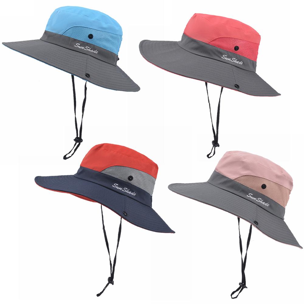 Womens UV Protection Wide Brim Sun Hats Cooling Mesh Ponytail Hole Cap - Yahko Merchandise