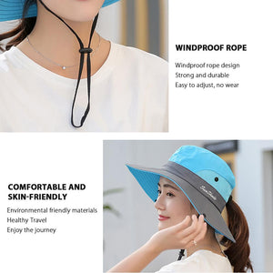 Womens UV Protection Wide Brim Sun Hats Cooling Mesh Ponytail Hole Cap - Yahko Merchandise