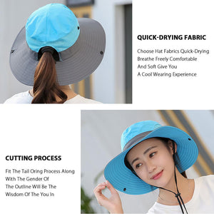 Womens UV Protection Wide Brim Sun Hats Cooling Mesh Ponytail Hole Cap - Yahko Merchandise