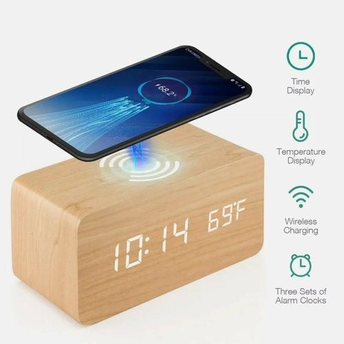 Wooden Digital Alarm Clock with Wireless Phone Charging Pad - Yahko Merchandise