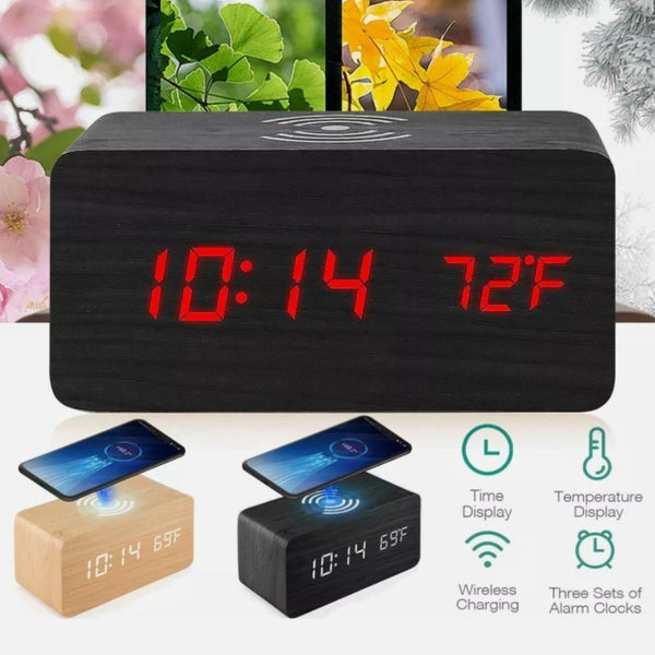 Wooden Digital Alarm Clock with Wireless Phone Charging Pad - Yahko Merchandise