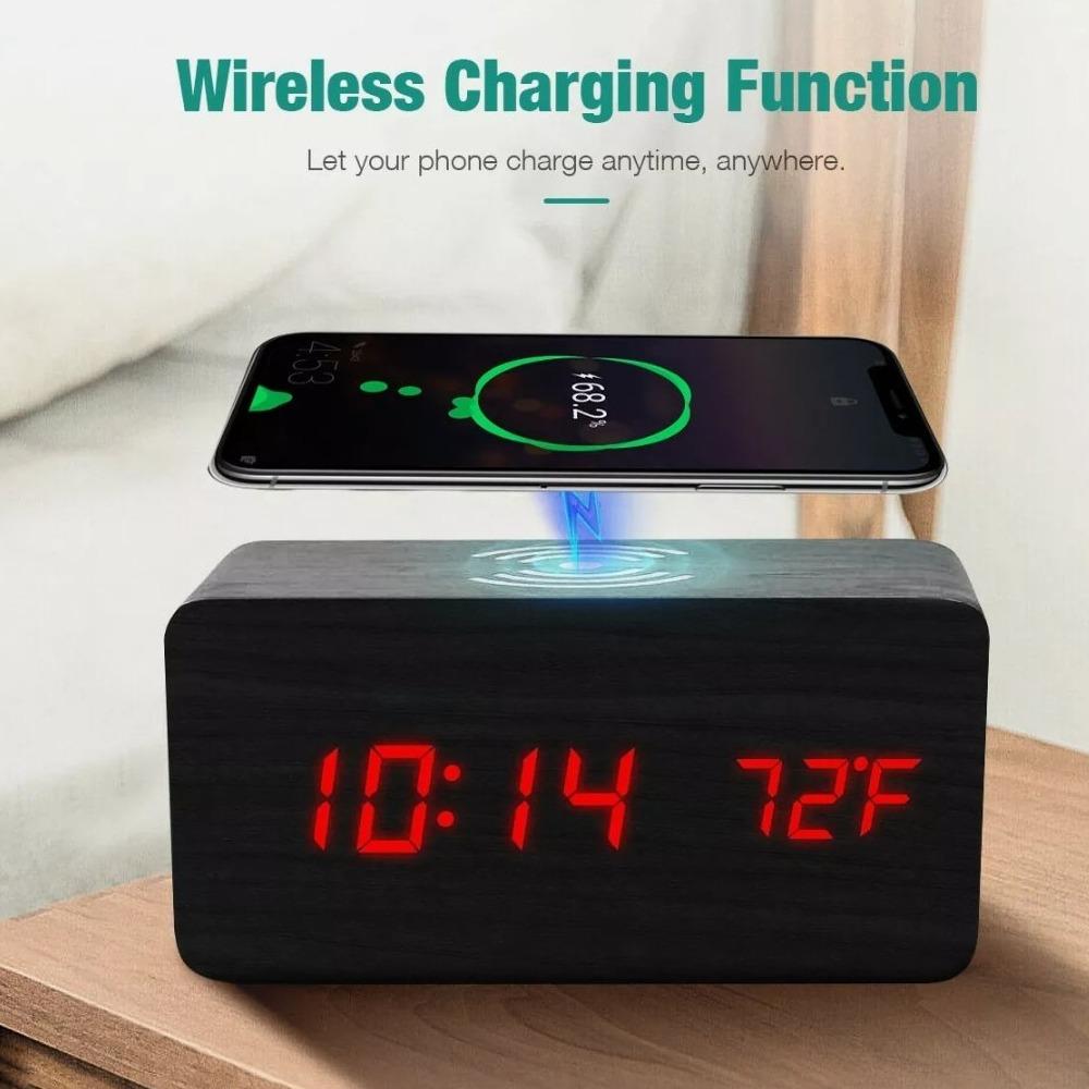 Wooden Digital Alarm Clock with Wireless Phone Charging Pad - Yahko Merchandise