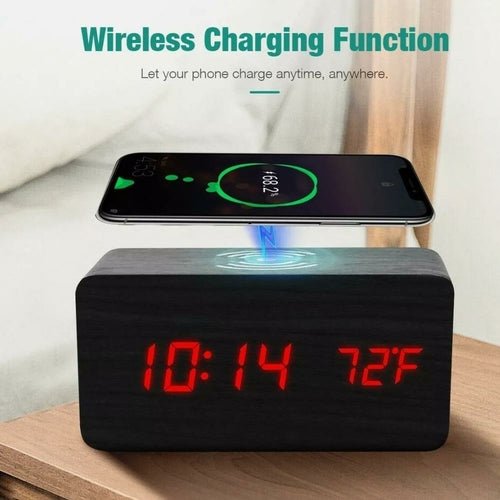 Wooden Digital Alarm Clock with Wireless Phone Charging Pad - Yahko Merchandise