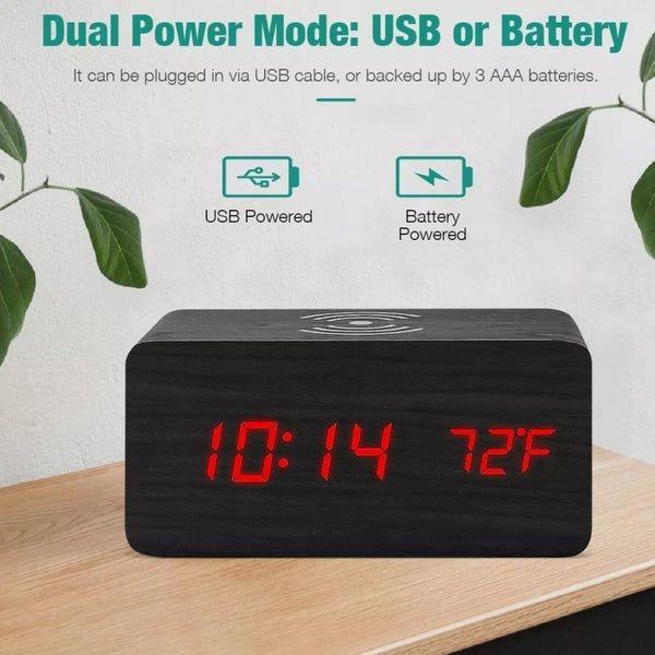 Wooden Digital Alarm Clock with Wireless Phone Charging Pad - Yahko Merchandise