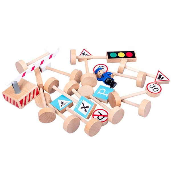Wooden Road Traffic Signs 15 pcs Wood Pretend Toys for Kids Children - Yahko Merchandise