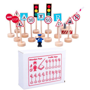 Wooden Road Traffic Signs 15 pcs Wood Pretend Toys for Kids Children - Yahko Merchandise