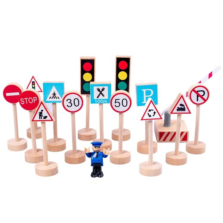Wooden Road Traffic Signs 15 pcs Wood Pretend Toys for Kids Children - Yahko Merchandise