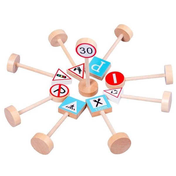 Wooden Road Traffic Signs 15 pcs Wood Pretend Toys for Kids Children - Yahko Merchandise