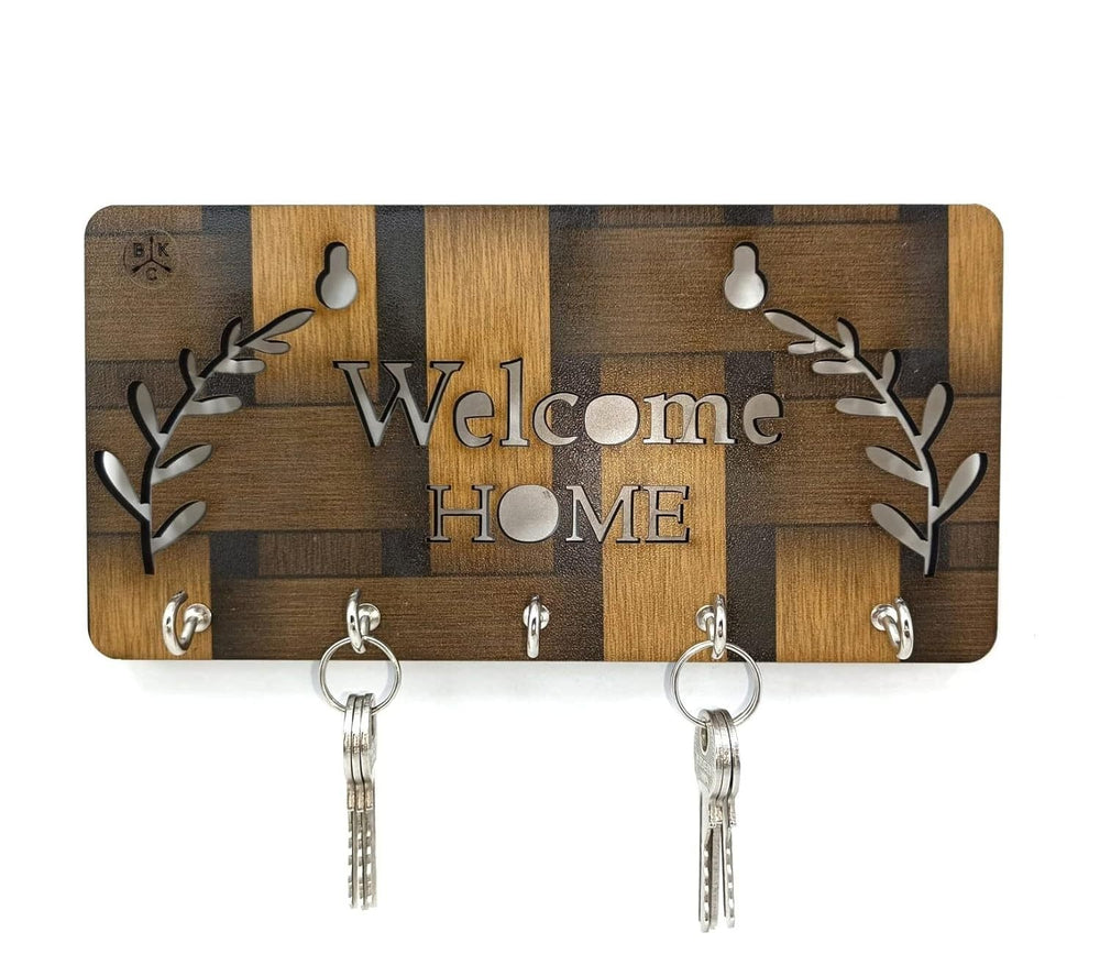 Wooden Welcome Home Key Holder for Home Decor with 5 Hooks Wall Mount - Yahko Merchandise