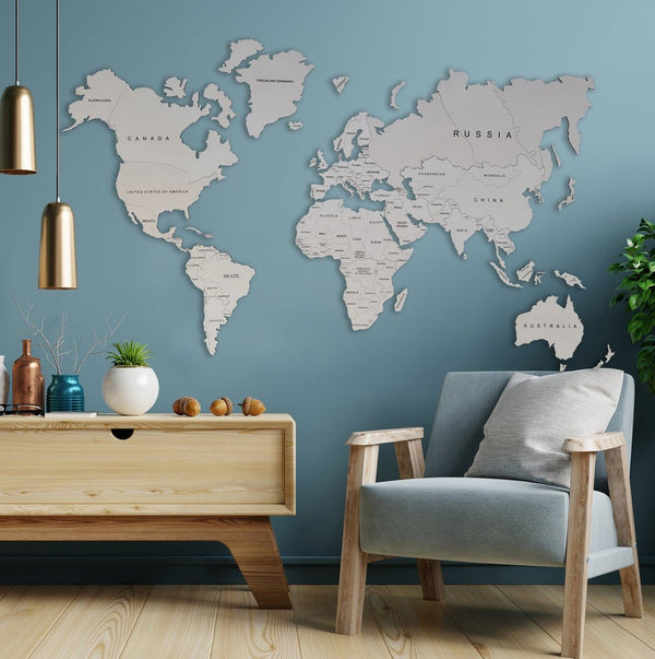 Wooden World Map White Rustic Wall Art Home Decor Travel Map Wood Gift - Yahko Merchandise