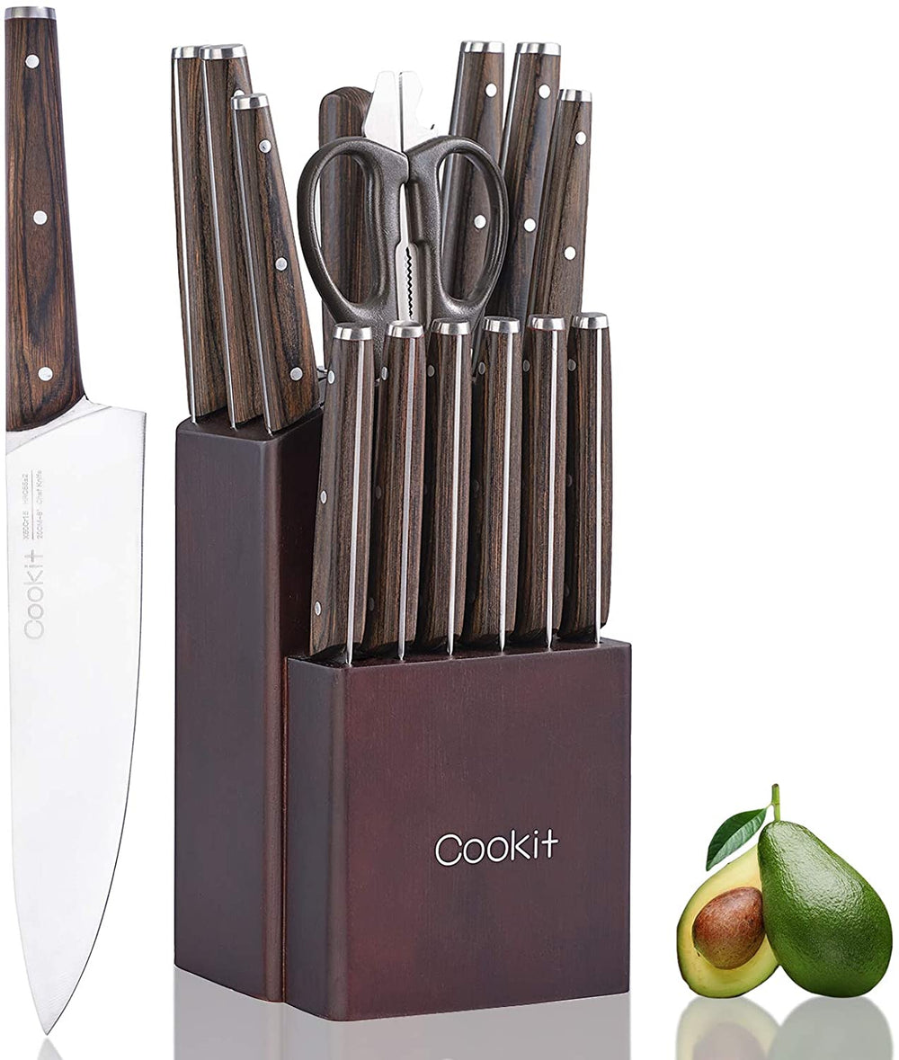 15 Piece Knife Sets with Block for Kitchen Chef Knife Stainless Steel Knives Set Serrated Steak Knives with Manual Sharpener Knife - Yahko Merchandise