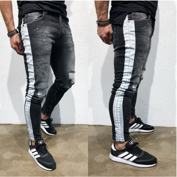 Shredded feet jeans side print jeans men