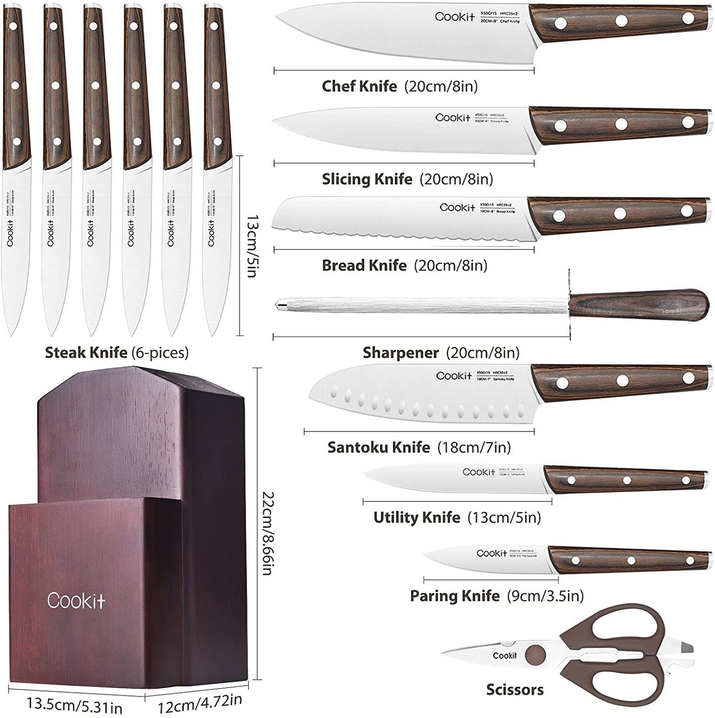 15 Piece Knife Sets with Block for Kitchen Chef Knife Stainless Steel Knives Set Serrated Steak Knives with Manual Sharpener Knife