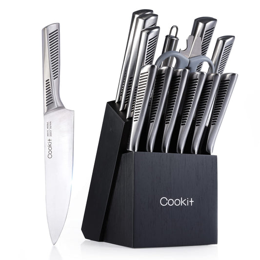 Chef Knives with Non-Slip German Stainless Steel Hollow Handle Cutlery Set with Multifunctional Scissors Knife Sharpener, Kitchen Knife Set, 15 Piece Knife Sets with Block