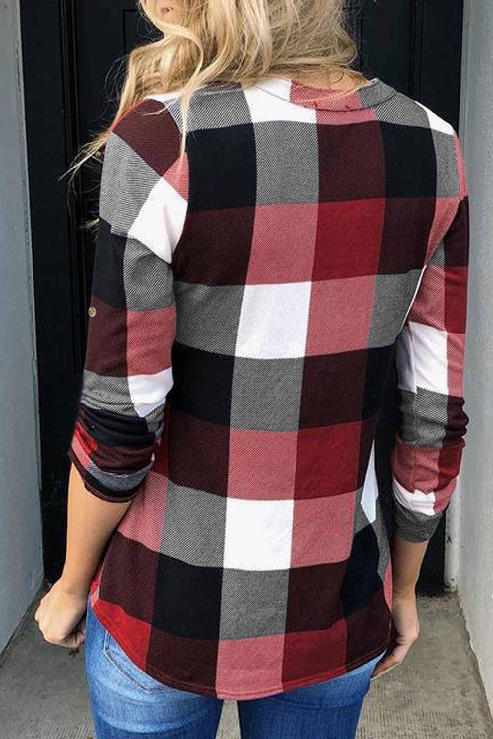 Contrast Plaid V Neck Long Sleeve Top