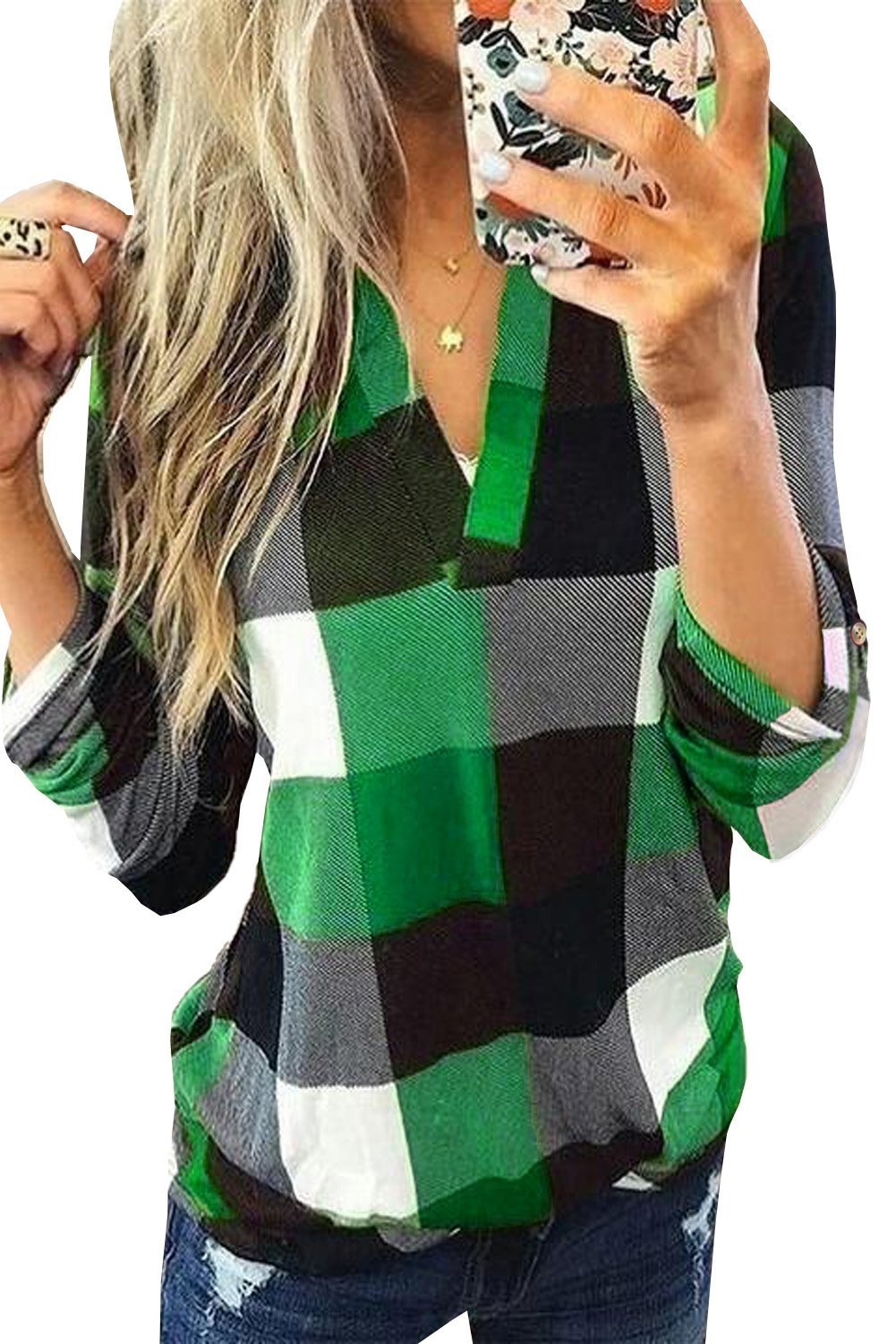 Contrast Plaid V Neck Long Sleeve Top