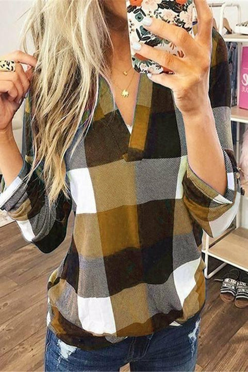 Contrast Plaid V Neck Long Sleeve Top