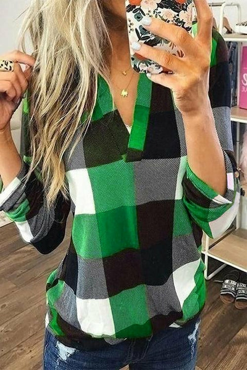 Contrast Plaid V Neck Long Sleeve Top