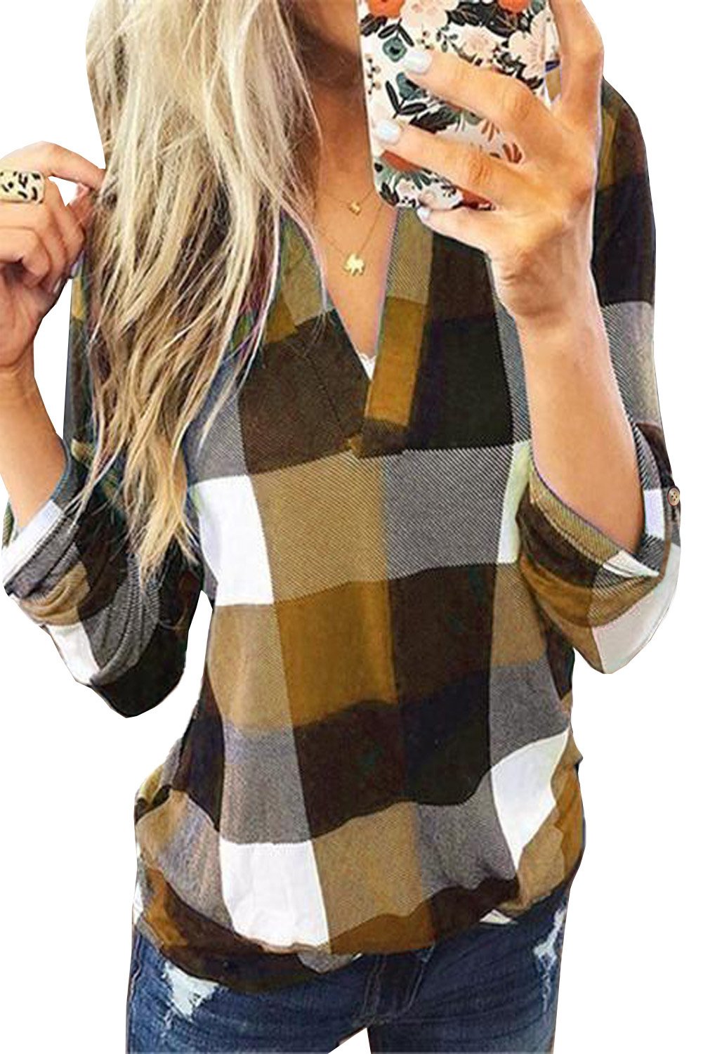 Contrast Plaid V Neck Long Sleeve Top