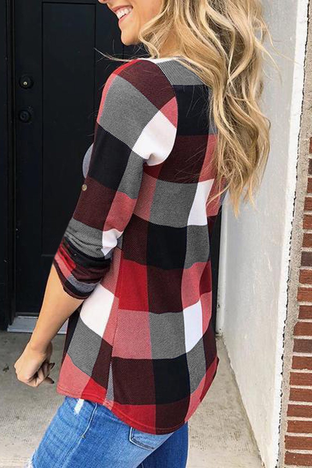 Contrast Plaid V Neck Long Sleeve Top