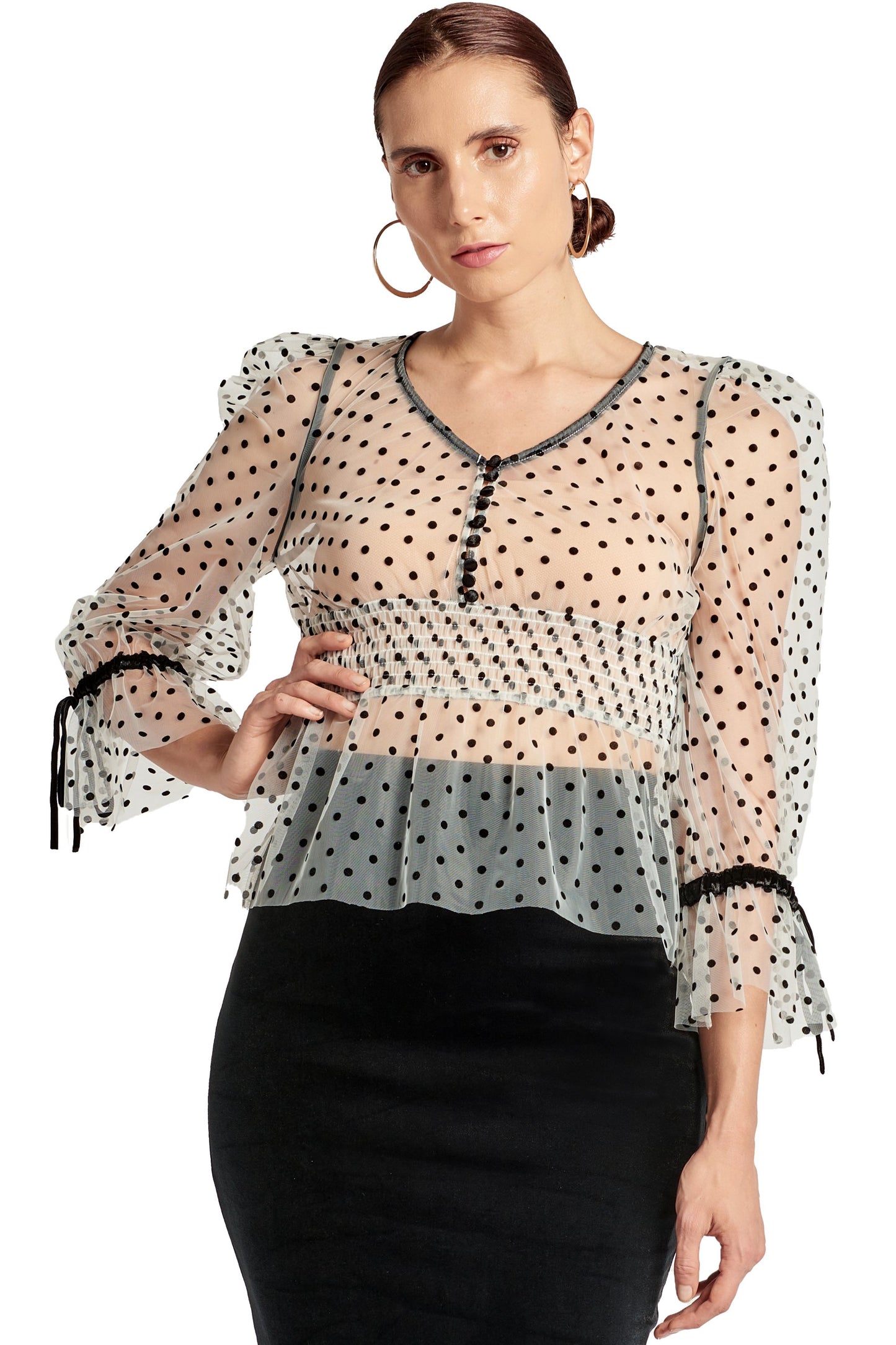 Puff Sleeve Mesh Top with Flocked Polka Dots