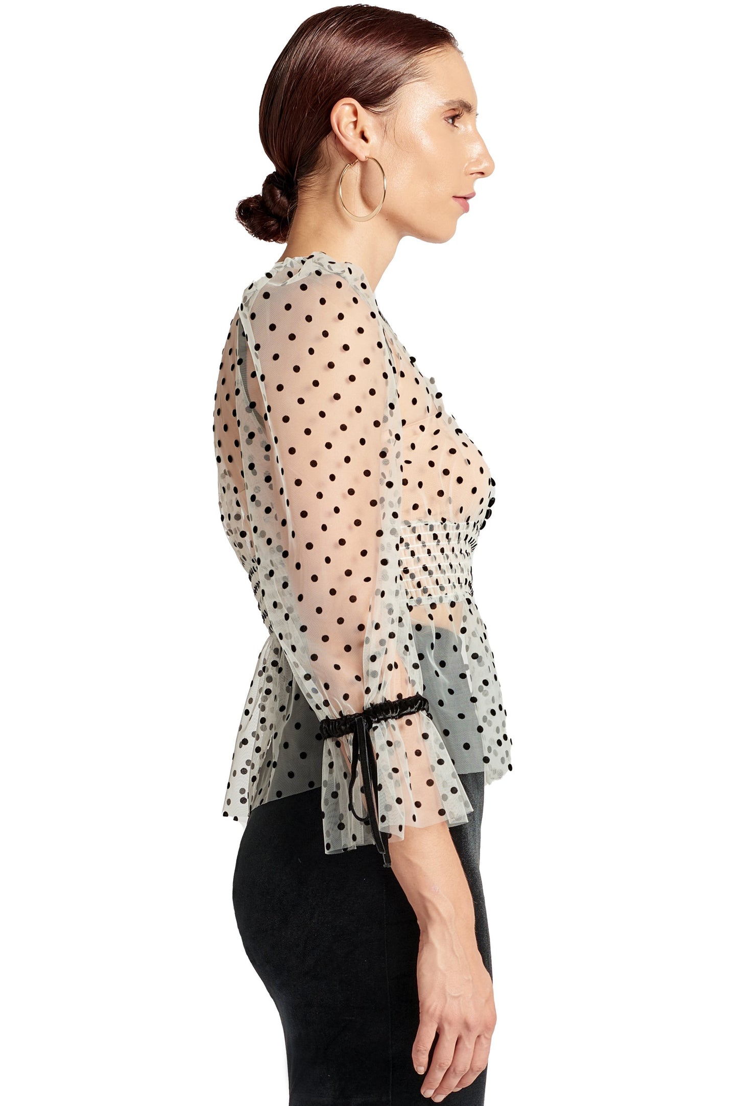 Puff Sleeve Mesh Top with Flocked Polka Dots