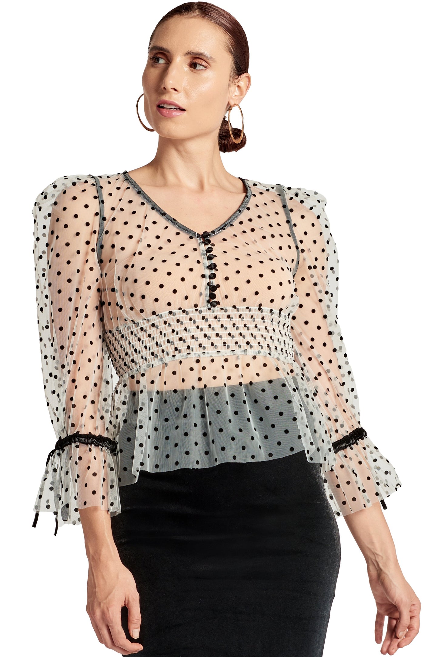 Puff Sleeve Mesh Top with Flocked Polka Dots