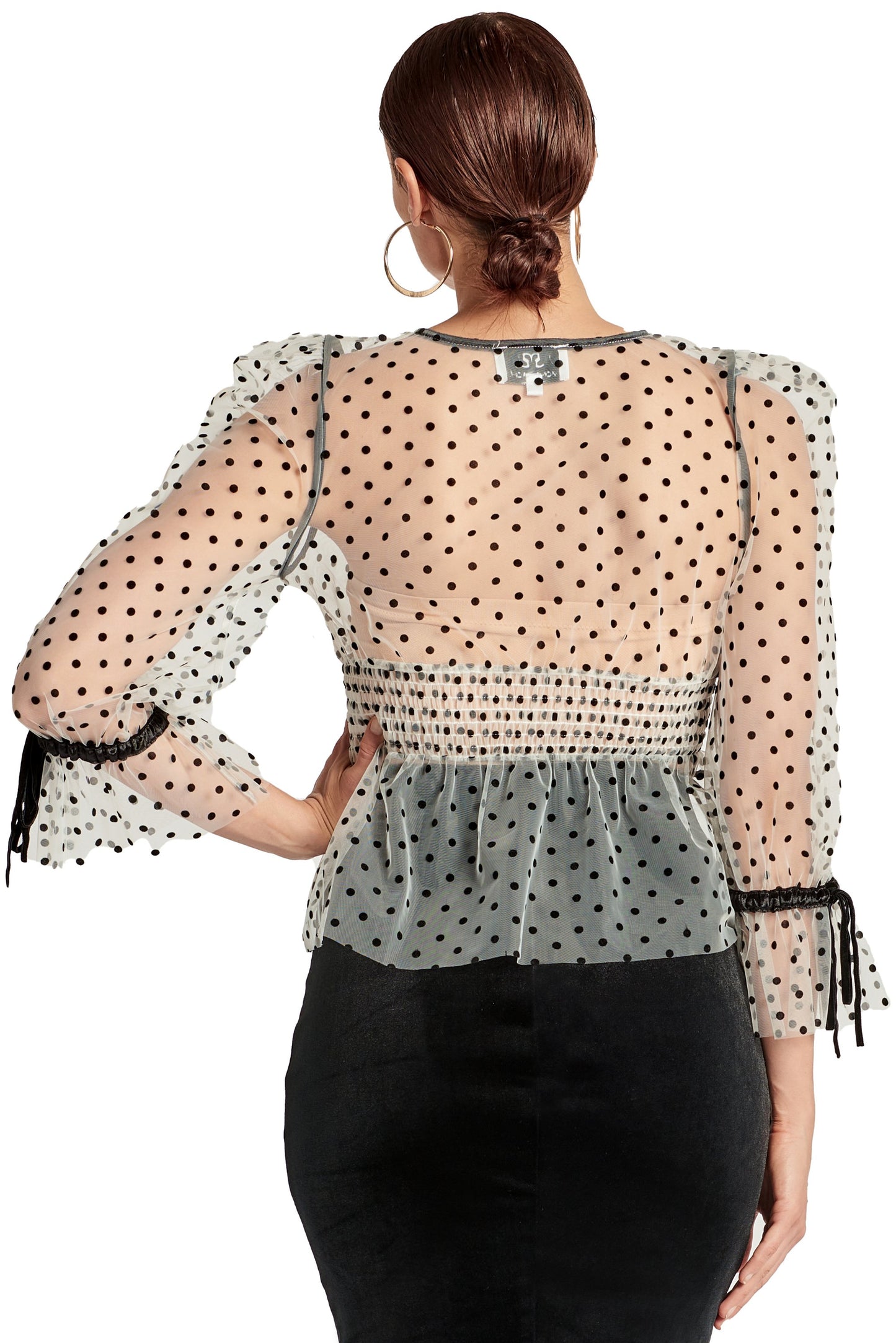 Puff Sleeve Mesh Top with Flocked Polka Dots