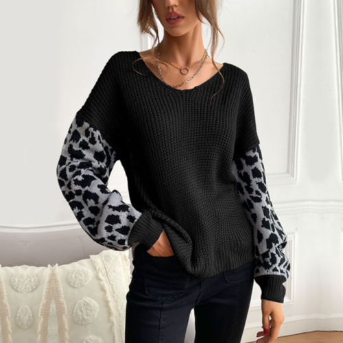 V Neck Women's Sweater With Leopard Print Sleeves