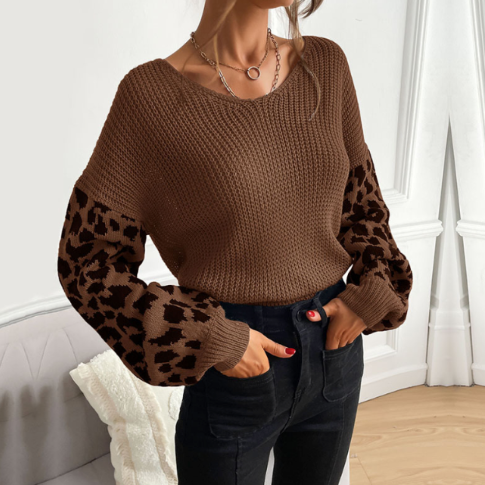 V Neck Women's Sweater With Leopard Print Sleeves