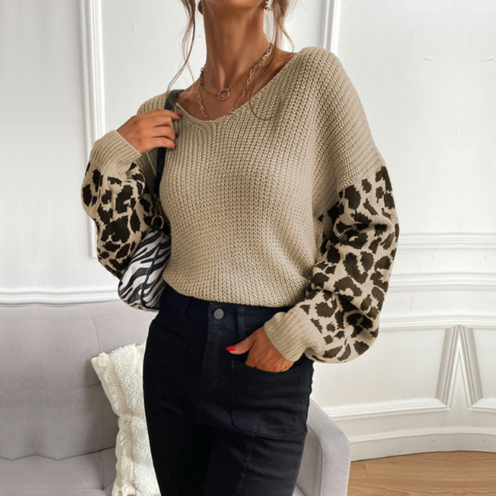 V Neck Women's Sweater With Leopard Print Sleeves