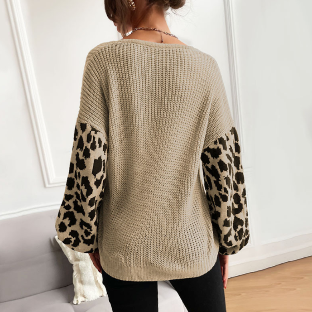 V Neck Women's Sweater With Leopard Print Sleeves