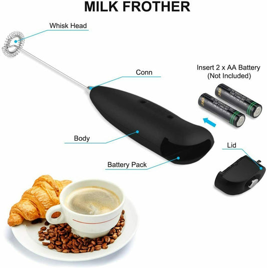 Powerful Milk Frother Handheld Foam Maker for Lattes - Whisk Drink Mixer for Coffee, Mini Foamer for Cappuccino, Frappe, Matcha, Hot Chocolate (Black)