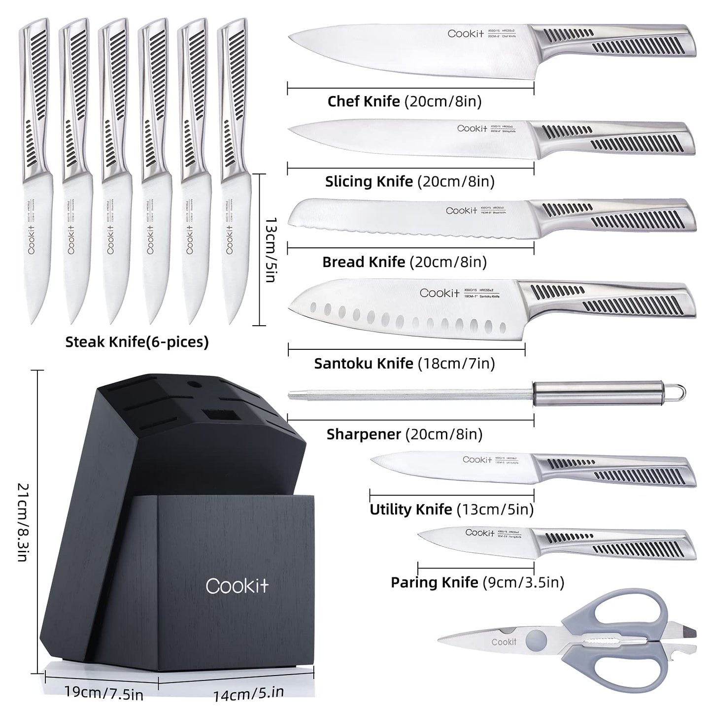 Chef Knives with Non-Slip German Stainless Steel Hollow Handle Cutlery Set with Multifunctional Scissors Knife Sharpener, Kitchen Knife Set, 15 Piece Knife Sets with Block