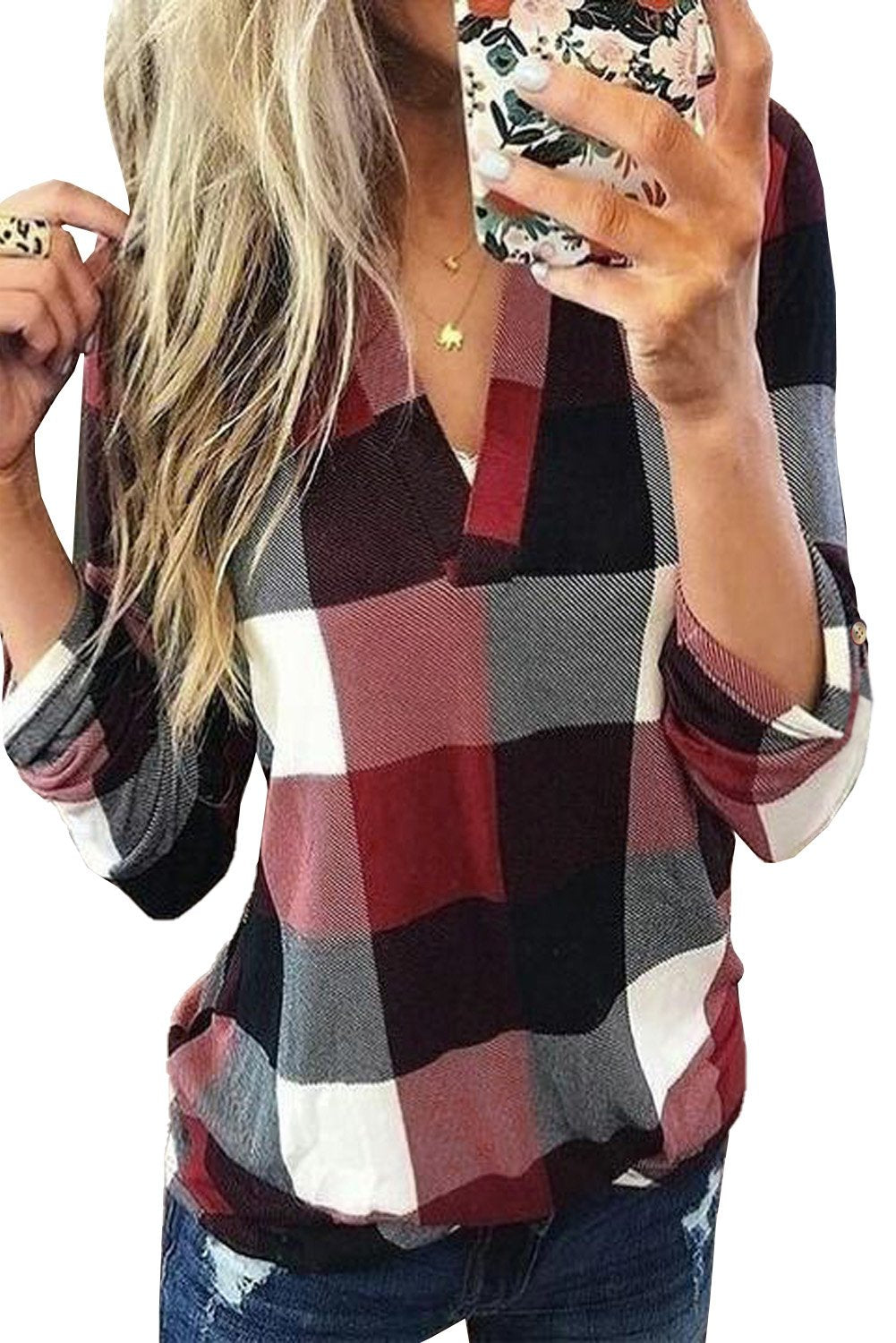 Contrast Plaid V Neck Long Sleeve Top