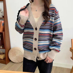 Button Down Striped Women's Cardigan - Yahko Merchandise