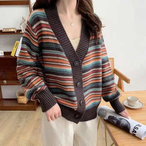 Button Down Striped Women's Cardigan - Yahko Merchandise