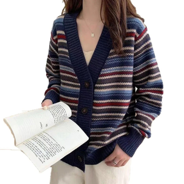 Button Down Striped Women's Cardigan - Yahko Merchandise