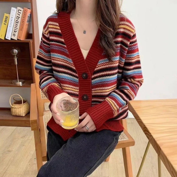 Button Down Striped Women's Cardigan - Yahko Merchandise