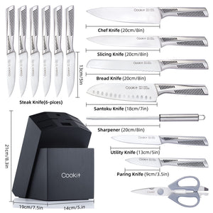 Chef Knives with Non - Slip German Stainless Steel Hollow Handle Cutlery Set with Multifunctional Scissors Knife Sharpener, Kitchen Knife Set, 15 Piece Knife Sets with Block - Yahko Merchandise