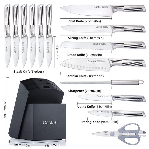Chef Knives with Non - Slip German Stainless Steel Hollow Handle Cutlery Set with Multifunctional Scissors Knife Sharpener, Kitchen Knife Set, 15 Piece Knife Sets with Block - Yahko Merchandise