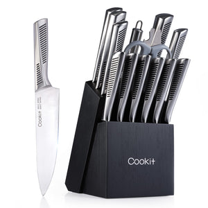 Chef Knives with Non - Slip German Stainless Steel Hollow Handle Cutlery Set with Multifunctional Scissors Knife Sharpener, Kitchen Knife Set, 15 Piece Knife Sets with Block - Yahko Merchandise