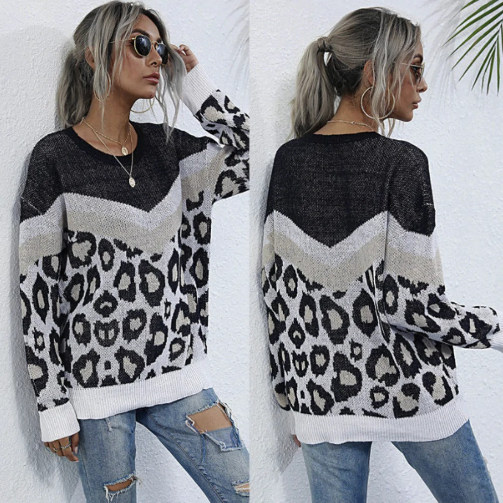 Leopard Print Round Neck Women's Sweater