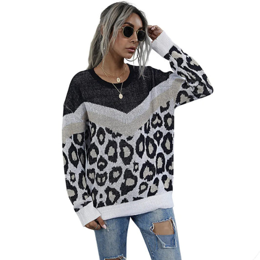 Leopard Print Round Neck Women's Sweater