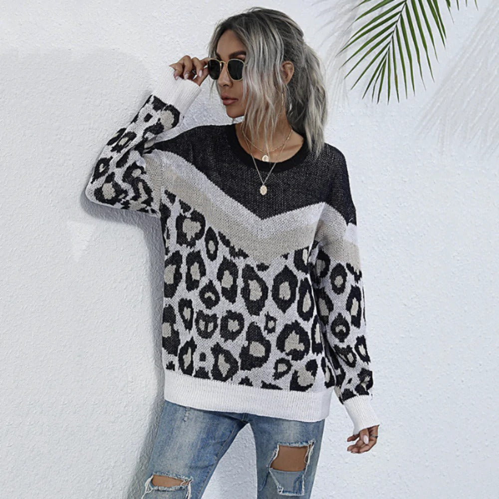 Leopard Print Round Neck Women's Sweater