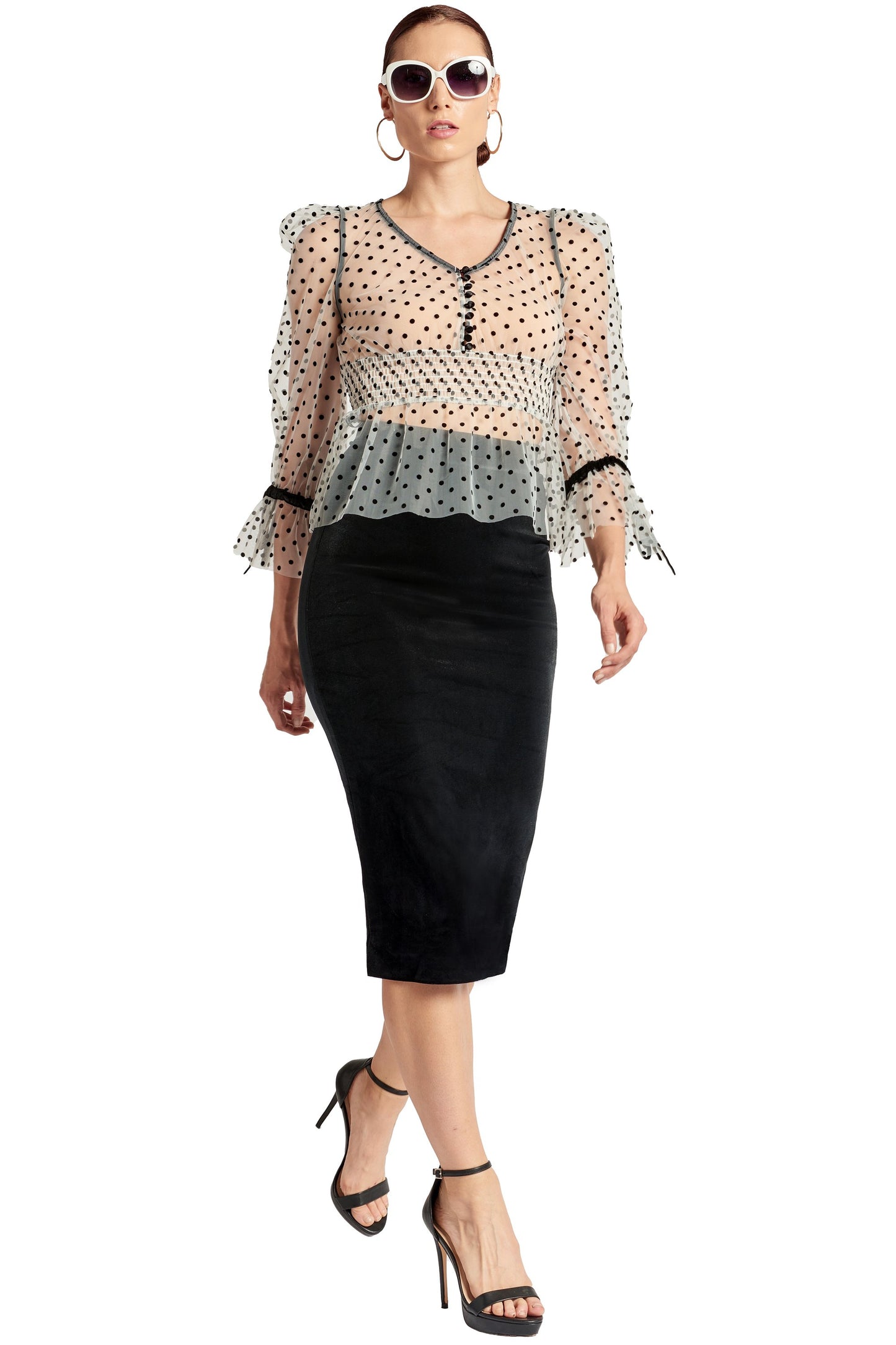 Puff Sleeve Mesh Top with Flocked Polka Dots