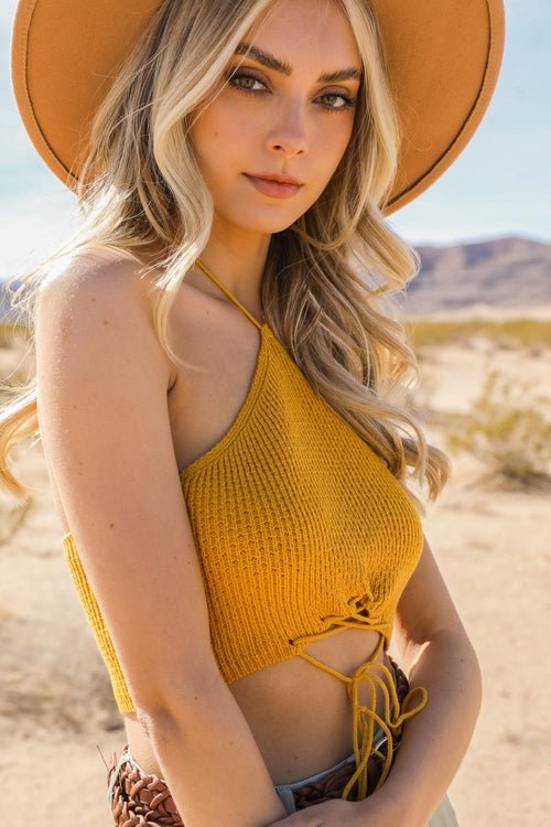 Lace - up Halter Knit Bralette - Yahko Merchandise