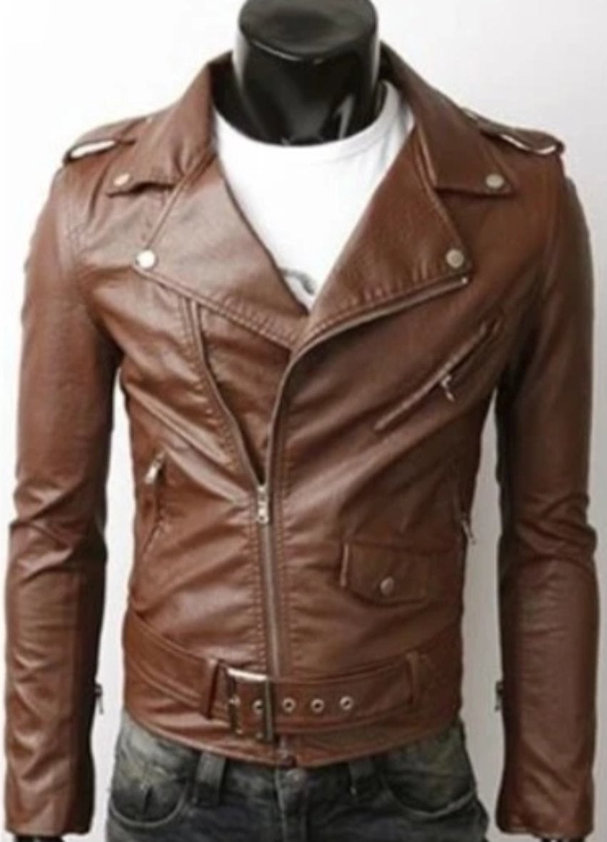 Mens Vegan Leather Motorcycle Jacket in Brown - Yahko Merchandise