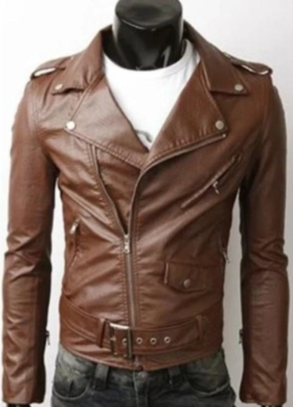 Mens Vegan Leather Motorcycle Jacket in Brown - Yahko Merchandise